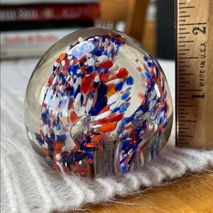 Abstract Glass Art Paperweight Sphere Dome- Red, Blue, and White flat bottom